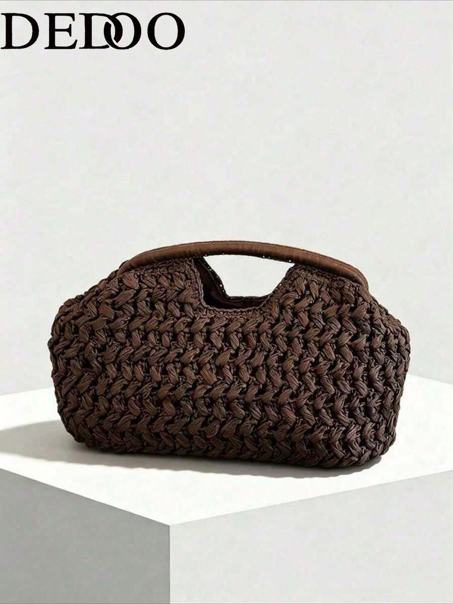 Dedoo Vintage French Style Rough Texture Straw Handbag, Cloud-Shaped Design With Hollow Handle For Easy Carrying, Beach Holiday Vibe Clutch Bag, Suitable For Spring/Summer Everyday Outings As A Wristlet, Vacationcore