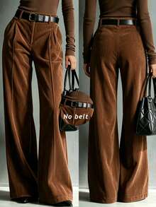 Women's Fashion Casual Solid Color High Waist Wide Leg Pants [No Belt] - Brown - View 1