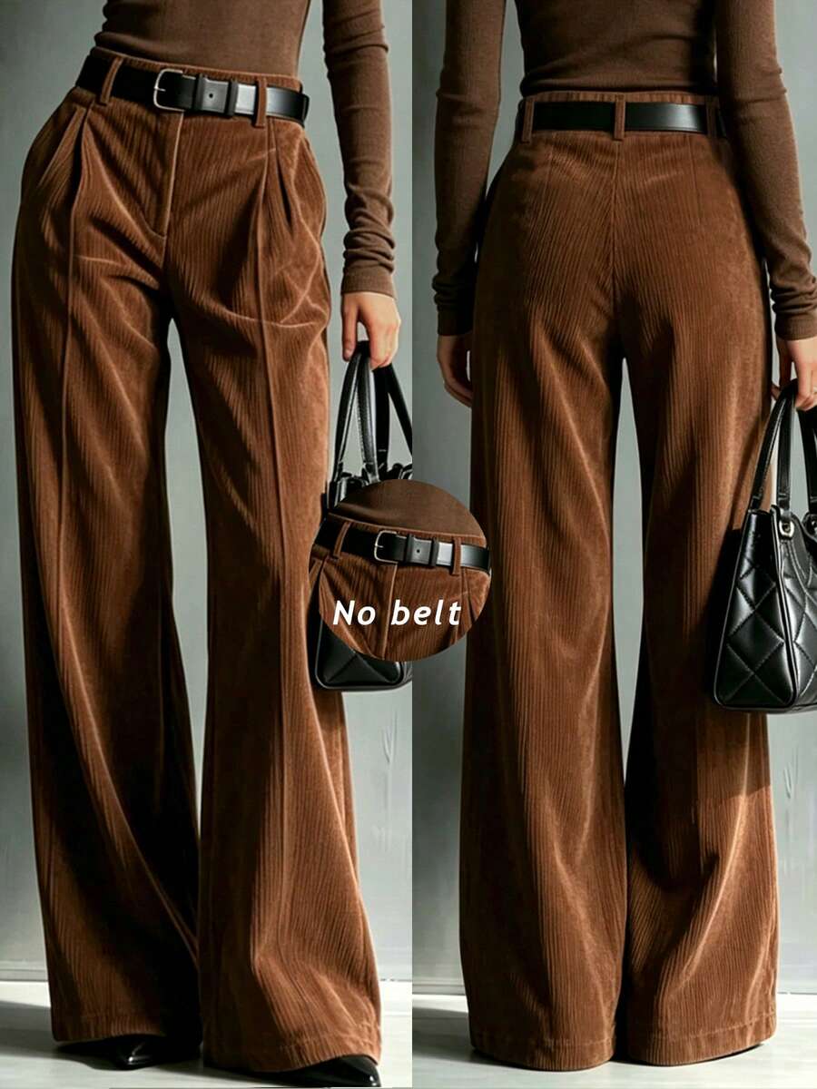 Women's Fashion Casual Solid Color High Waist Wide Leg Pants [No Belt] - Brown - View 1