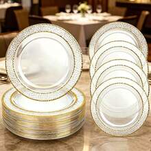 10-50pcs/Set, 7.5 Inch/10.25 Inch Transparent Hammered Gold Rim Plates, Reusable Tableware, Suitable For After-Meal Cleanup, Party, Family Gathering, Various Celebrations, Halloween, Christmas, Valentine's Day, Thanksgiving, Mother's Day And Daily Use, Celebration Supplies, Party Tableware, Decorative Plates, Elegant Tableware, Lightweight Tableware, Durable Tableware, Serving Plates, Event Tableware - Clear - View 1