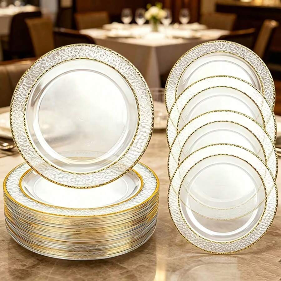10-50pcs/Set, 7.5 Inch/10.25 Inch Transparent Hammered Gold Rim Plates, Reusable Tableware, Suitable For After-Meal Cleanup, Party, Family Gathering, Various Celebrations, Halloween, Christmas, Valentine's Day, Thanksgiving, Mother's Day And Daily Use, Celebration Supplies, Party Tableware, Decorative Plates, Elegant Tableware, Lightweight Tableware, Durable Tableware, Serving Plates, Event Tableware - Clear - View 1
