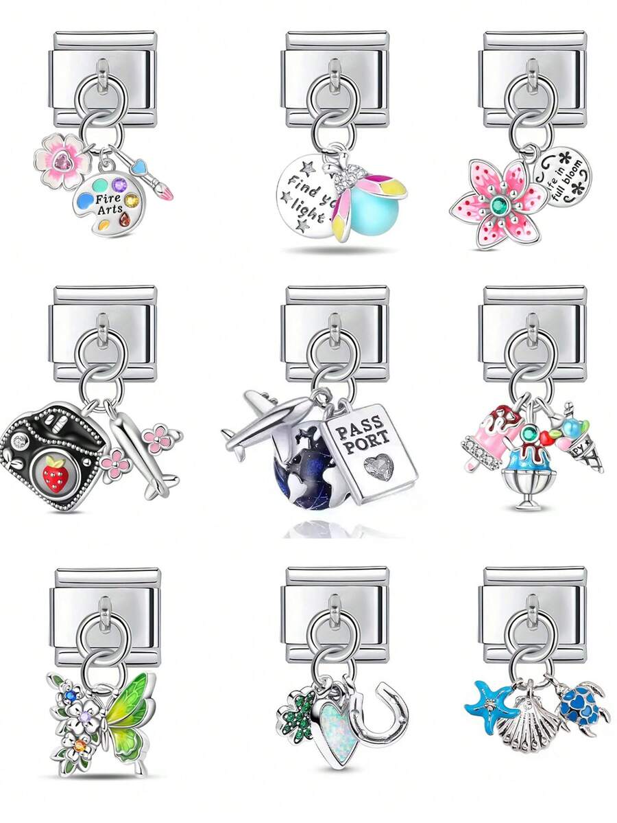 Elegant Single-Section Module With Italian Bracelet Pendant DIY Jewelry Making Kit, 306 Stainless Steel Single Pendant Airplane-Heart Lock And Flower Butterfly Multi-Function Jewelry Pieces Suitable For Everyone To Create Fashionable Bracelets And Other Personalized Creative Jewelry - Multicolor - View 1