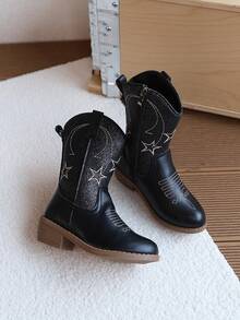 1 Pair Girls' Star & Moon Embroidered Mid-Calf Boots, Spring/Autumn Colorblock Mid-Calf Boots, Little Girls' Side Zipper Vintage Chunky Heel Boots - Black - View 6