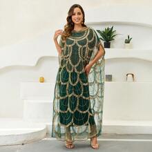 JINLICX Elegant Plus Size Arabian Dress With Contrast Sequin Batwing Sleeves Long Scoop Neck Formal Attire - Dark Green - View 7