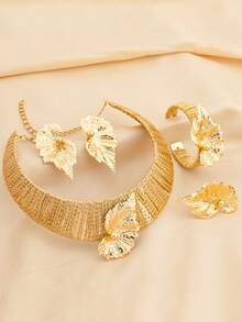 Letingsha Women's Gold Plated 4pcs Jewelry Set, Textured Necklace, Hollow Leaf Earrings, Open Cuff Bracelet, Adjustable Ring, Anti-Oxidation Design, Suitable For Brides, Formal Occasions And Holiday Outfits - Yellow Gold - View 10