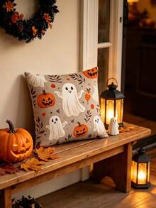 1pcFall Halloween Throw Pillow Cover, Pumpkin Ghost Bat Decorative Pillow Case, Autumn Harvest Holiday Cushion Cover For Sofa Couch Bedroom Home Halloween Party Decor, No Pillow Insert - Multicolor - View 7