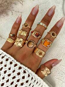 12pcs Vintage Fashion Bohemian Women's Ring Set Suitable For Daily Wear, Dating And Vacation - Gold - View 1