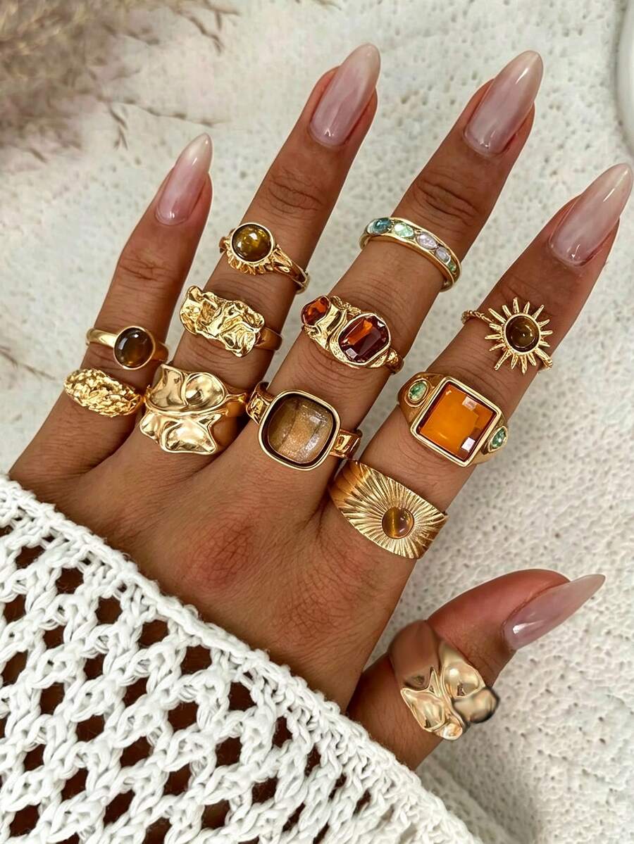 12pcs Vintage Fashion Bohemian Women's Ring Set Suitable For Daily Wear, Dating And Vacation - Gold - View 1