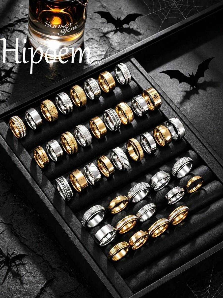 Hipoem Juego de 3/6/9/12 anillos de acero inoxidable para hombre con elementos de circonita grabados con araña de corte mate, adecuado para uso diario, vacaciones, accesorios de Halloween, estilo aleatorio, tamaño aleatorio - Multicolor - Ver 1