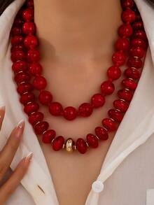 OABE 2pcs/Set Bohemian Style Elegant Red Round And Oval Beaded Layered Necklace, Suitable For Women's Daily Wear - Redwood - View 2