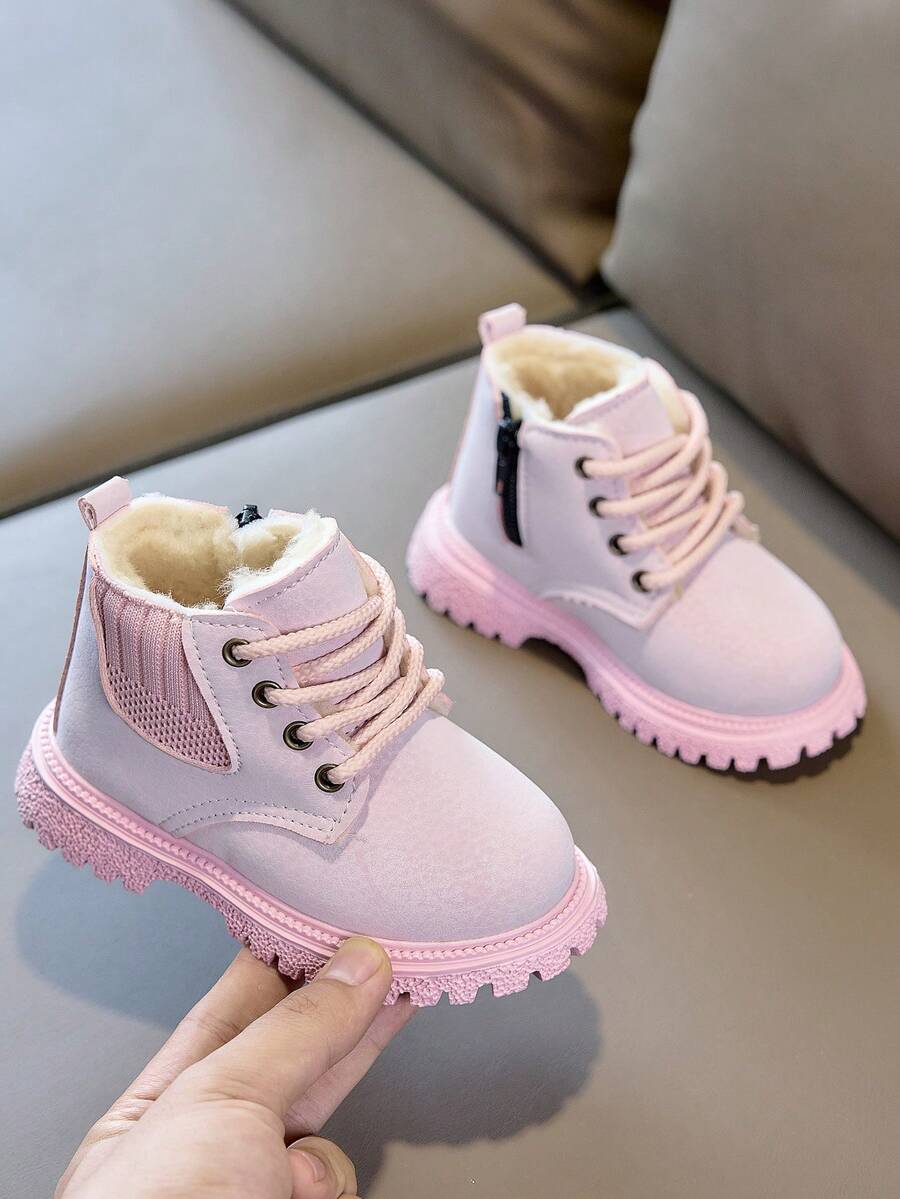 Autumn/Winter New Children's Thermal-Lined Boots, Cute Pink Side Zipper Anti-Slip Thick Sole Warm Ankle Boots For Girls - Pink - View 1