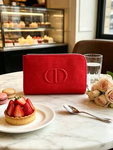 Dior 紅色拉鍊化妝包 大容量旅行盥洗用品收納袋 婚禮伴手禮 伴娘生日禮物 通勤手拿包 便攜化妝收納包 - 紅色 - 查看 2