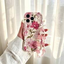 Wavy Edge Pink Floral Print Phone Case With Pearl Pink Rose Beaded Lanyard, Full Coverage Anti-Drop Soft Shell, INS Gentle Vintage Girly Style, Compatible With IPhone 18 Pro/18 Pro Max/17/17 Pro/17 Pro Max/16/16 Pro/16 Pro Max/15/15 Pro/15 Pro Max/14/14 Pro/14 Pro Max/13/13 Pro/13 Pro Max/12 Pro Max/12/11 - Multicolor - View 1