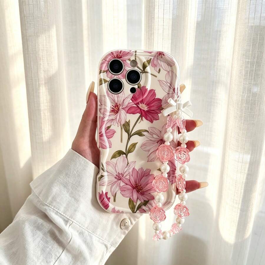 Wavy Edge Pink Floral Print Phone Case With Pearl Pink Rose Beaded Lanyard, Full Coverage Anti-Drop Soft Shell, INS Gentle Vintage Girly Style, Compatible With IPhone 18 Pro/18 Pro Max/17/17 Pro/17 Pro Max/16/16 Pro/16 Pro Max/15/15 Pro/15 Pro Max/14/14 Pro/14 Pro Max/13/13 Pro/13 Pro Max/12 Pro Max/12/11 - Multicolor - View 1