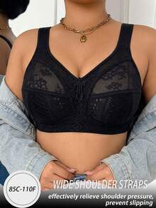 Plus Size Lace Patchwork Sexy Women's Bra, Wire-Free Casual Comfortable Back Design Thin Sports - Black - View 1