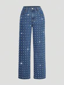 Women Washed Straight‑Leg Jeans With Slant Pockets & Metal Rivets, Heavy‑Duty Punk Western Retro Style, Comfortable. Music Festival, Fits All Figures - Blue - View 9