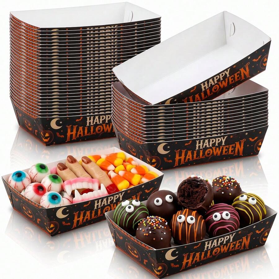 12/24pcs Halloween Disposable Paper Trays, Scary Pumpkin Pattern Serving Plates, Dessert Boxes, Snack Boxes, Halloween Party Tableware, Suitable For Snacks, Popcorn, Desserts, Parties, Halloween Use - Easy Folding Assembly - Multicolor - View 1
