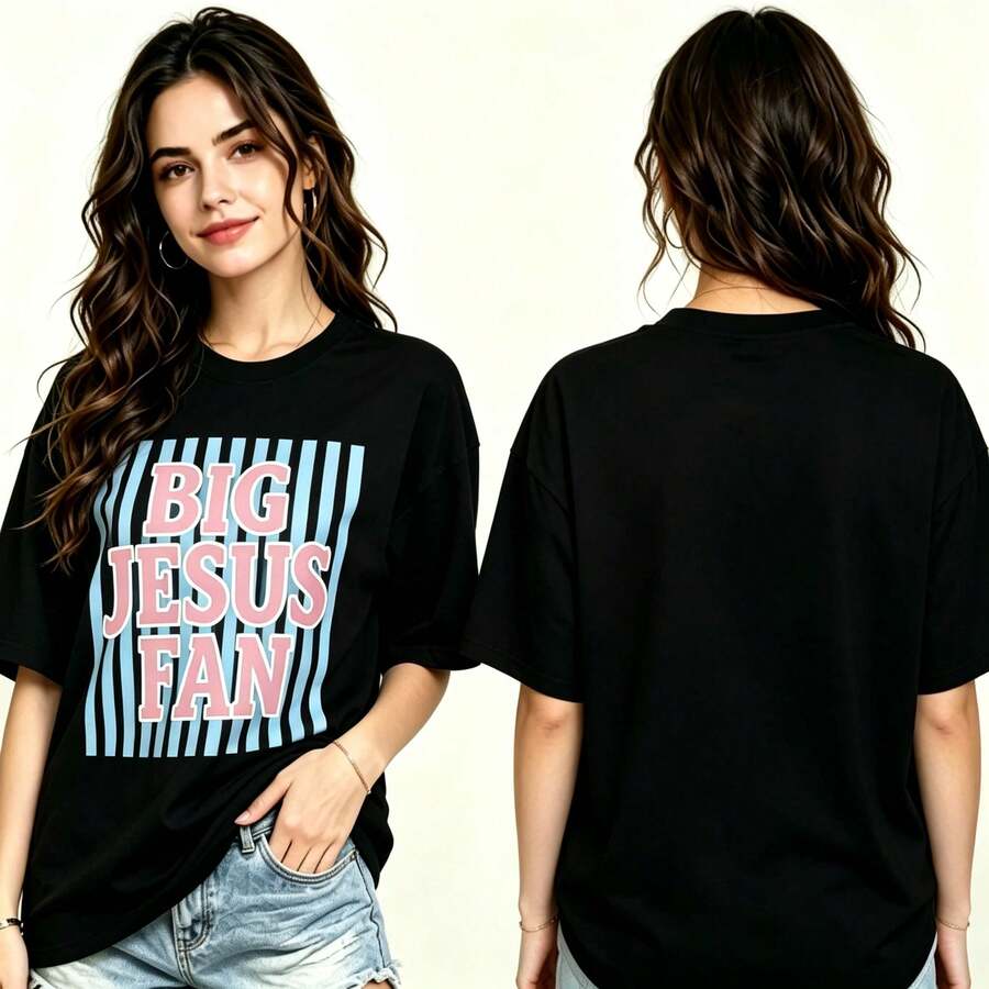 Women's Oversized T-Shirt With Large Jesus Fan Print, Soft, Loose-Fit, Round Neck, And Short Sleeves. Casual Wear - 黑色 - 查看 1