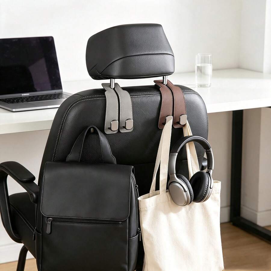 1pc Universal Car Seat Headrest Double Hook, Foldable Leather Car Back Seat Hook, Heavy Duty Easy Install Car Storage Hook, Suitable For Handbags, Wallets, Shopping Bags And Clothing, Multi-Functional Car Interior Organizer Accessory, Car Enthusiast Gift - Multicolor - View 1