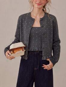 Women's New Vintage Grey Polka Dot Round Neck Button Cardigan, Ruffle Hem Long Sleeve Knit Sweater, Winter Fashion Choice - Grey - View 6