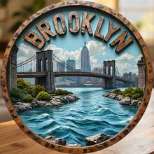 Brooklyn Bridge And The Manhattan Skyline In A Bold Circular Frame Magnet Where The Waterfront With The City's Bold Spirit Keepsake For All Metal Surfaces Throughout The Home - A - View 1