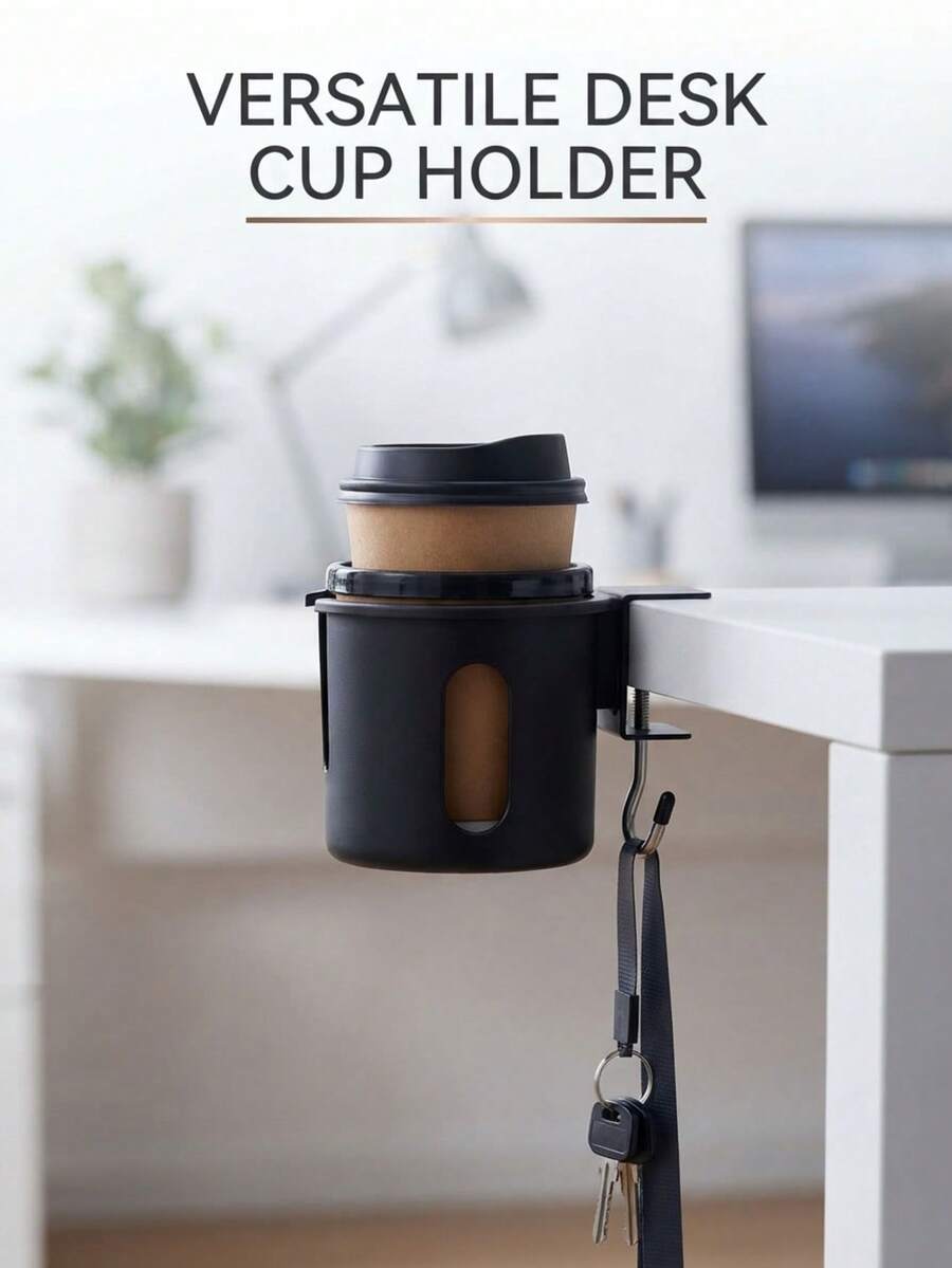 1pc Multifunctional Desk Side Clip Cup Holder With Hook, Desktop Hanging Beverage Storage, Practical Office Accessory, Storage For Water Cups And Small Items - Cup Holder - View 1