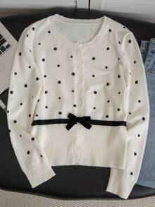Autumn/Winter Vintage Polka Dot Knit Cardigan, Wavy Ruffle Placket With Black Bow, Sweet And Soft Preppy Style - Apricot - View 8