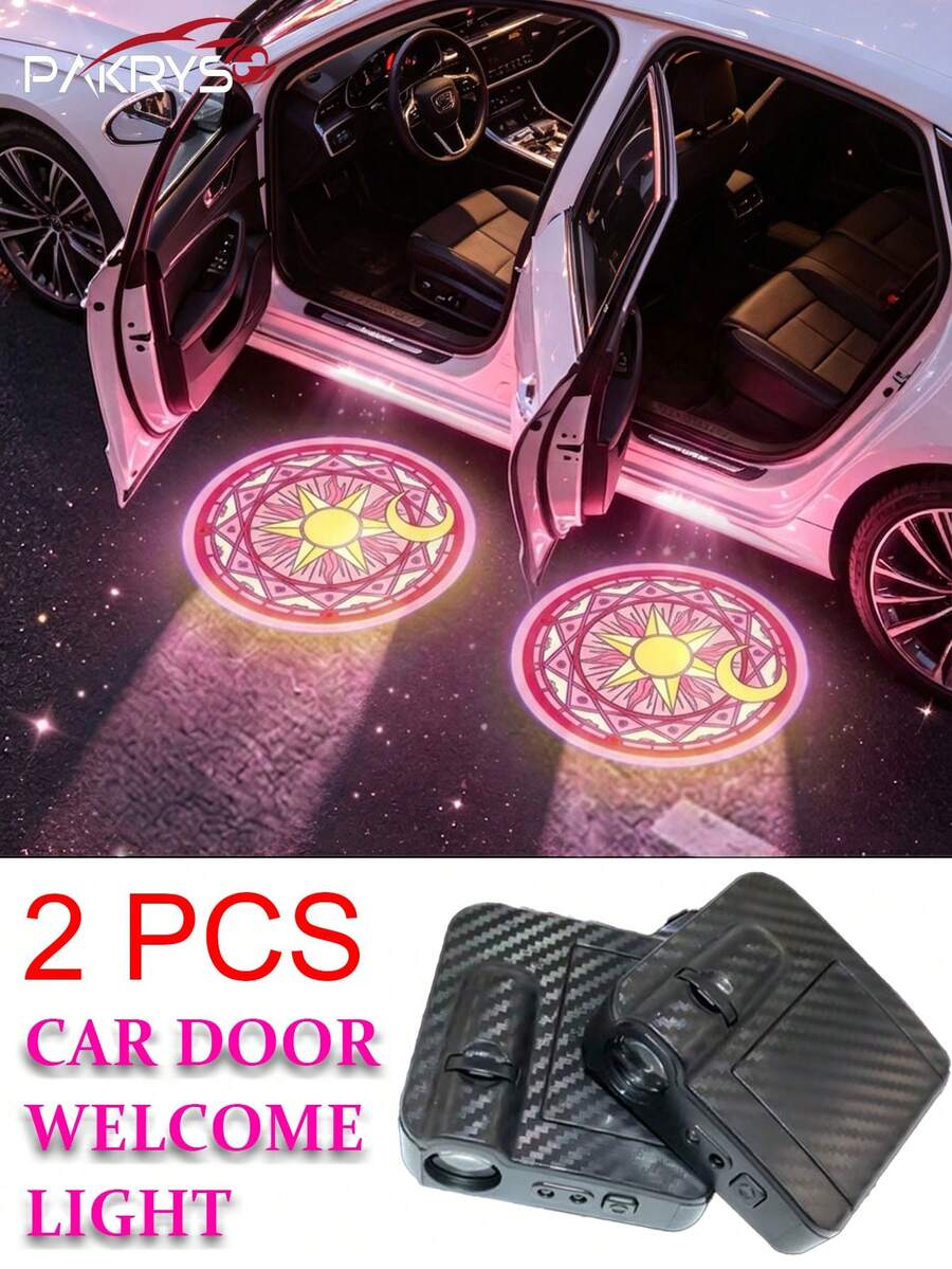 PAKRYS 2件組汽車車門投影燈，無線LED黏貼式迎賓燈，LED幽靈投影迎賓燈，通用汽車配件，適用於大多數轎車、SUV、卡車 - [免接線]智慧光感應-碳纖 - 查看 1