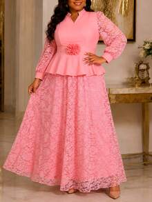Elegant Plus Size Pink 2 Pieces Set, Ruffle Top, V-Neck Long Sleeve, Floral Waist Belt, Lace A-Line Long Skirt, Church Wedding Guest Autumn Outfit - Pink - View 10