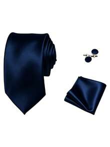 1 Set Men's 8cm Satin Necktie, Pocket Square And Cufflinks Set, Suitable For Business Meetings, Wedding Party Groom Tie Set - Navy Blue - View 2
