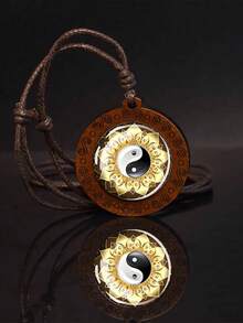 1PC Yin Yang Symbol Wooden Pendant Necklace, Adjustable Rope Chain Amulet Jewelry For Men Spiritual Party Daily Wear - Brown - View 6