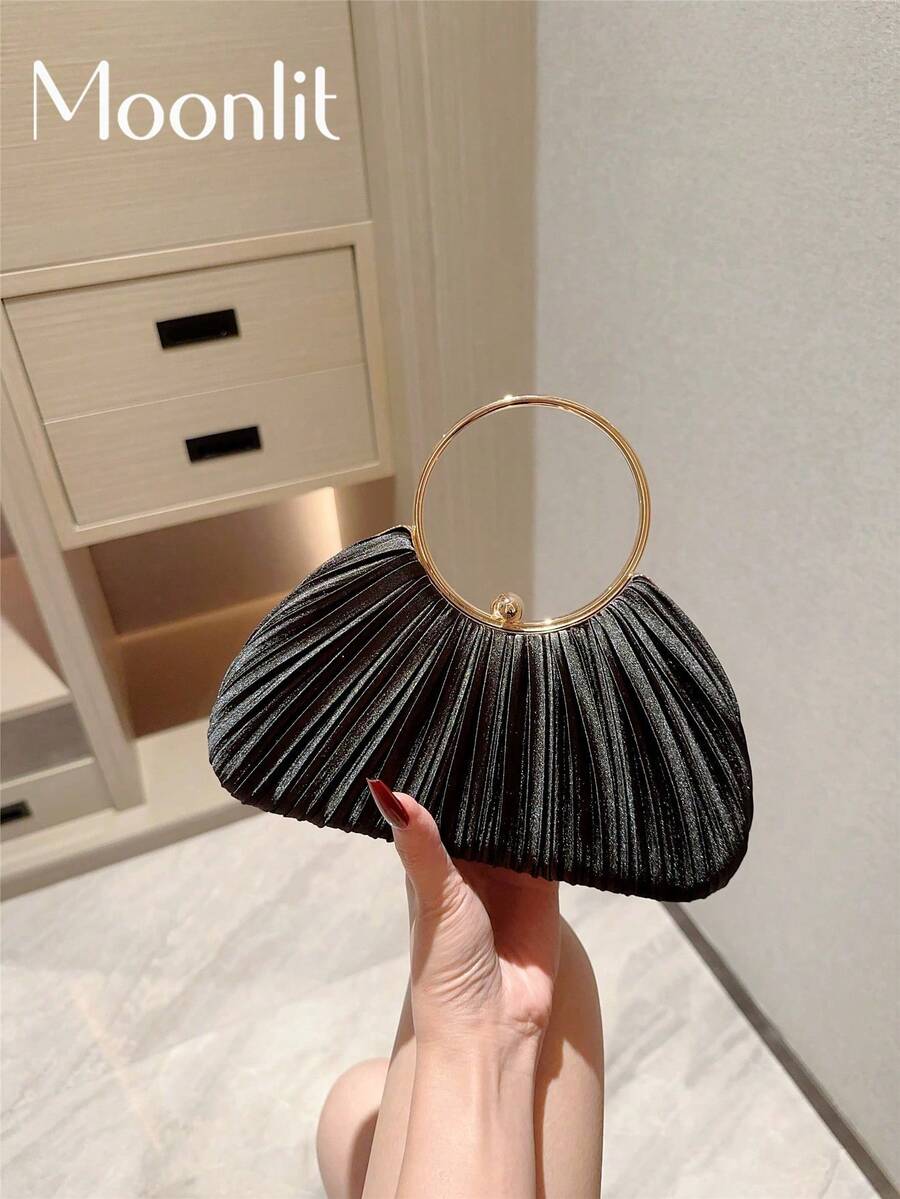 1 件女士优雅褶皱盒式手拿包，奢华闪亮手链手柄正式派对手提包，迷人精致的晚宴包适合约会、舞会、生日派对、夜间聚会 - 黑色 - 查看 1