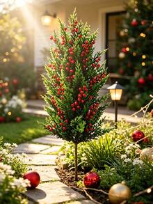 24.40 Inch Large Pine Tree With Ground Stake And Red Berries, Artificial DIY Tree, Low Maintenance Greenery, Suitable For Home, Office, Yard Landscape Holiday Decoration, Create Festive Atmosphere, Pot Not Included - A - View 5