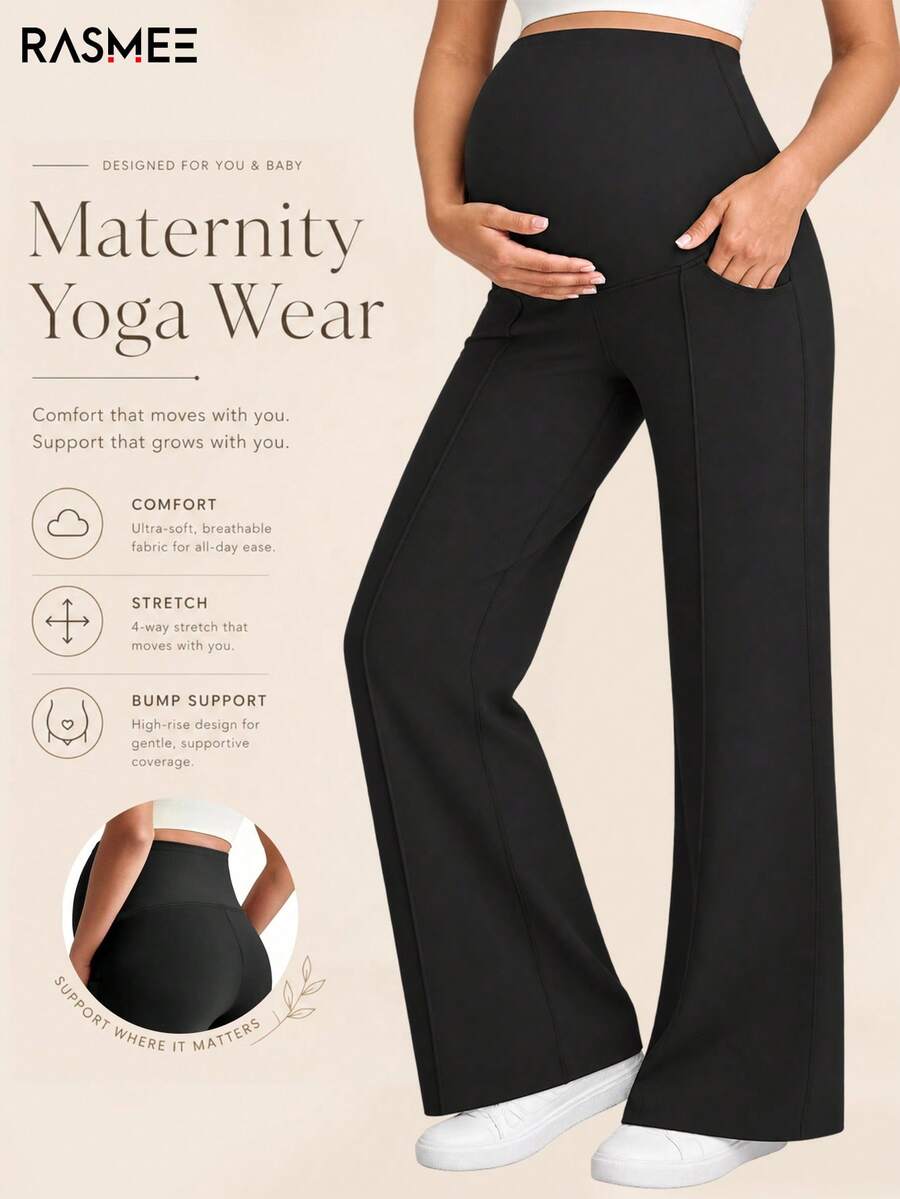 1pc Women's Maternity Pants, With Pockets, Elastic Waistband Doesn't Constrict Belly, Dual Pockets Convenient To Carry Black - Black - View 1