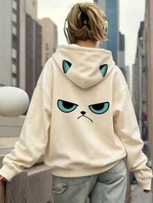 Sweatshirt Berkerudung dengan Telinga Kucing 3D, Gambar Kucing Marah di Bagian Belakang, Atasan Streetwear Serbaguna Gaya Gadis Imut, Koleksi Musim Gugur - Aprikot - View 3