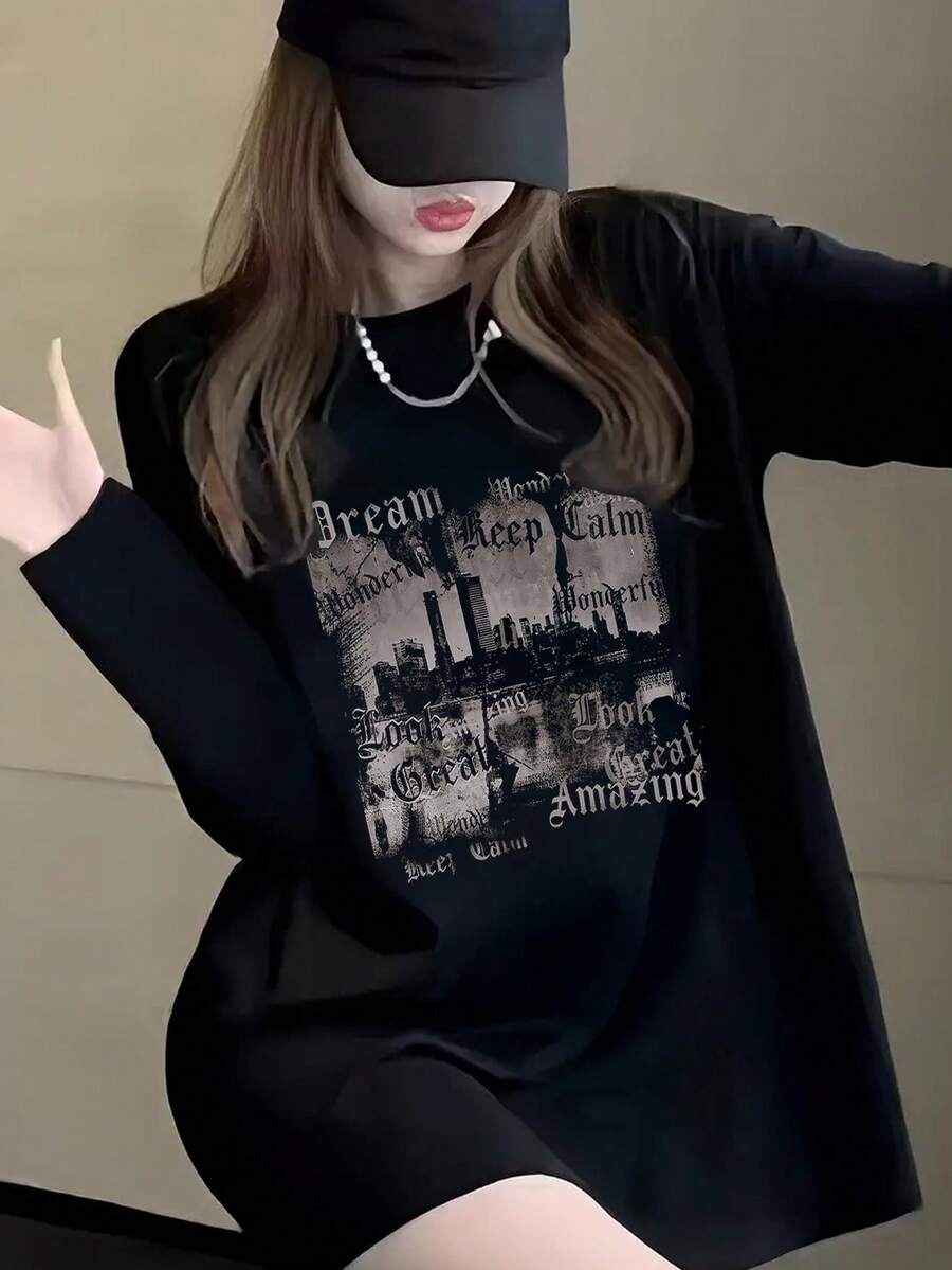 Women's Spring/Autumn Loose Fit Versatile Round Neck Fashion Casual Cartoon Print Long Sleeve T-Shirt Vacation - Black - View 1