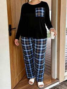 Women's Plus Size Pajama Set, Plaid Pocket, Long Sleeve Long Pants Loungewear Set, Autumn/Winter Clothing - Blue - View 4