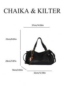 1pc Solid Color PU Fabric Women's Fashion Large Capacity Shoulder Tote Bag, Cloud Pleated Design, Dual Handle Drawstring Closure, Rivet Decoration, Suitable For Daily Shopping And Commuting (Pendant Included) - Black - View 3