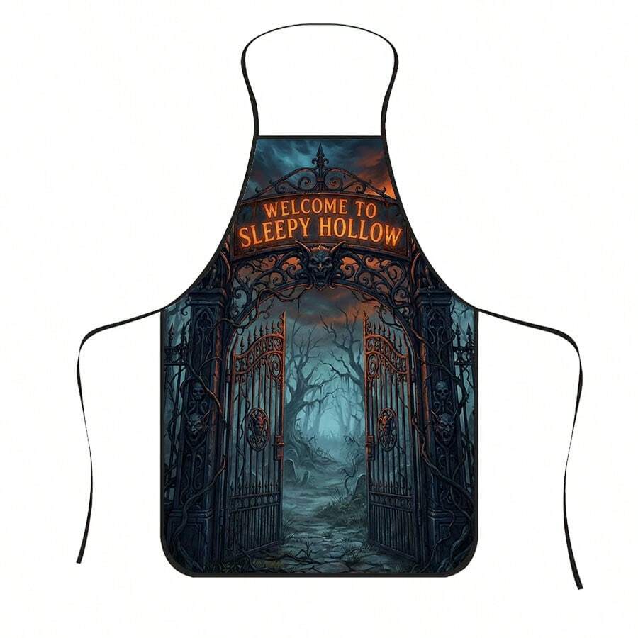 1pc Halloween Iron Arch & Ghost Print Apron, Featuring Carved Iron Gate & Demon Skull Decorative Pattern, Durable Cooking Apron Suitable For Bakers, Cake Decorators, Haunted House Staff, Painting Artists, Nail Technicians - Personalized Gift For Home And Professional Chefs - Multicolor - View 1