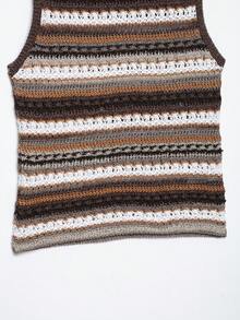 ACKCER Women's Spring/Autumn Mixed Brown & White Horizontal Striped Hollow Round Neck Fitted Sleeveless Knit Vest - Multicolor - View 11