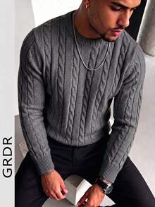 GRDR Men's Casual Cable Knit Crew Neck Long Sleeve Sweater - Grey - View 2
