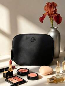 Black Nylon Zippered Makeup Bag, Embossed Logo, Portable Cosmetic & Toiletry Storage Bag, Suitable For Daily Travel And Business Trips ARMANI‑GIFT‑65 - Black - View 3