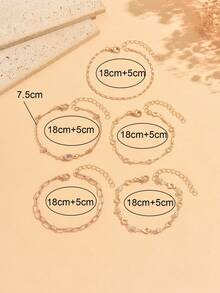 5pcs/Set Luxury Style Sparkling Oval Rhinestone Women's Chain Bracelet, Fashionable Versatile Design Hollow Heart Handmade Chain Jewelry, Suitable For Daily Wear, Dating And Shopping - Gold - View 4