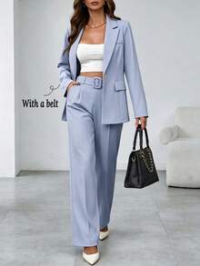 Women's Spring/Autumn Office & Casual Single-Breasted Long Sleeve Blazer With Belt & Straight Leg Pants Suit - Dusty Blue - View 1