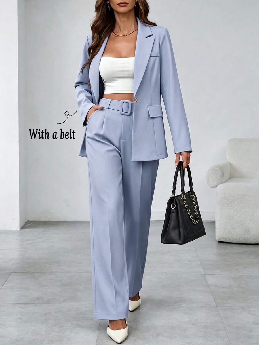 Women's Spring/Autumn Office & Casual Single-Breasted Long Sleeve Blazer With Belt & Straight Leg Pants Suit - Dusty Blue - View 1