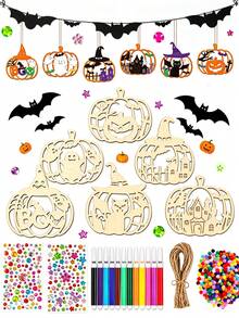 12/25/38 Halloween DIY Wooden Hanging Decor Set - Unfinished Decorations With Randomly Matched Colored Pens, Pom Poms, Gem Stickers And Jute Rope - Creative Painting Activity, Suitable For Halloween Parties, Pajama Parties, School Art Projects And Artistic Hanging Decor - Pumpkin - View 2