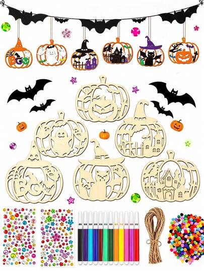 38/25/12pcs Halloween DIY Wooden Hanging Ornament Set-Unfinished Decor,Kids Painting Kit,-Creative Painting Activity,Suitable For Children 3 Years And Above,Perfect For Halloween Party,Pajama Party,Holiday Party Decorations, School Art Project