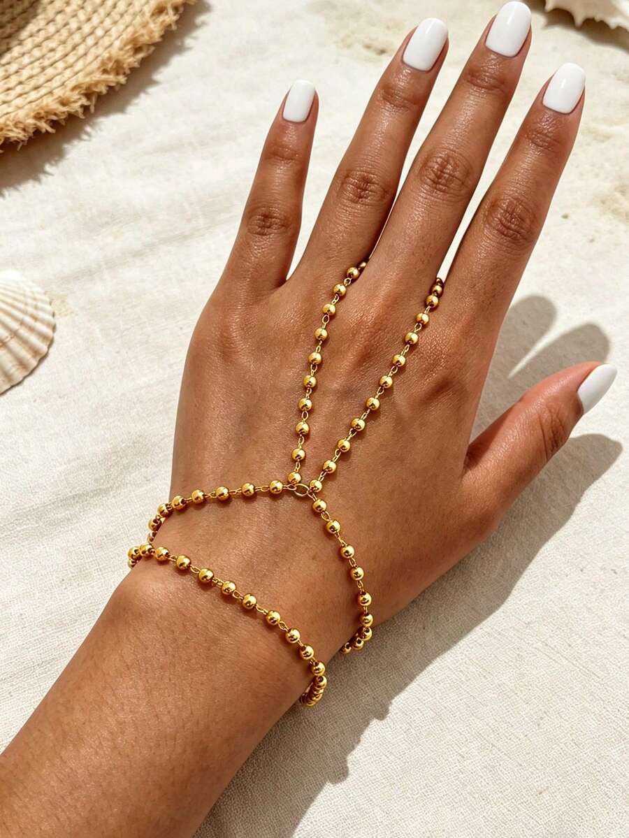 Minimalist Personalized Versatile White Faux Rhinestone Tassel Finger Bracelet, Fashionable Elegant Micro-Inlaid Rhinestone Tassel Bracelet Ring Chain, Suitable For Women's Daily Wear, Vacation, Party (Rhinestone Quantity And Position Random) - Gold - View 1