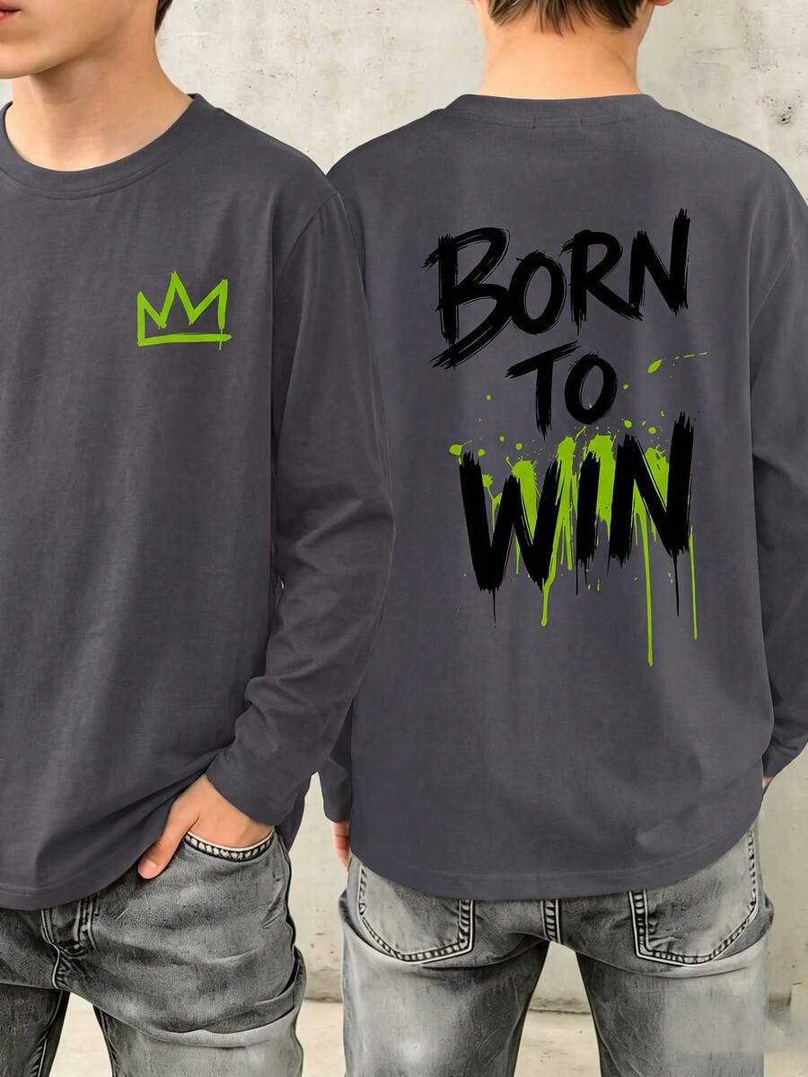 1pc Tween Boys Neon Green Paint Splatter BORN TO WIN Inspirational Dark Gray Long Sleeve T-Shirt, American Street Style Loose Fit Top For Boys And Girls, Spring And Autumn - Dark Grey - View 1