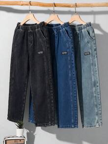 3pcs Boys' Casual Street Vintage Style Distressed Jeans With Side Panel Patchwork Design, Elastic Waistband Pockets, Spring/Summer/Autumn - Multicolor - View 2